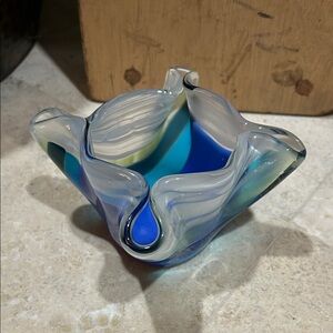 Vintage Hand Made Fused Art Glass Candle Holder Trinket Dish